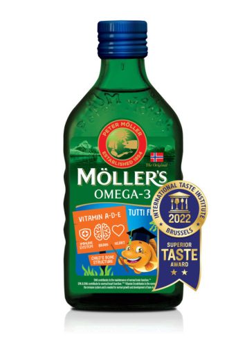 Möllers omega-3 halolaj étrend-kiegészítő a, d és e-vitaminnal, tutti-frutti ízesítéssel 250 ml