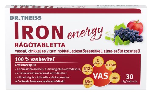 Dr.Theiss iron energy rágótabletta vassal, cinkkel és vitaminokkal alma-szőlő ízben 30 db